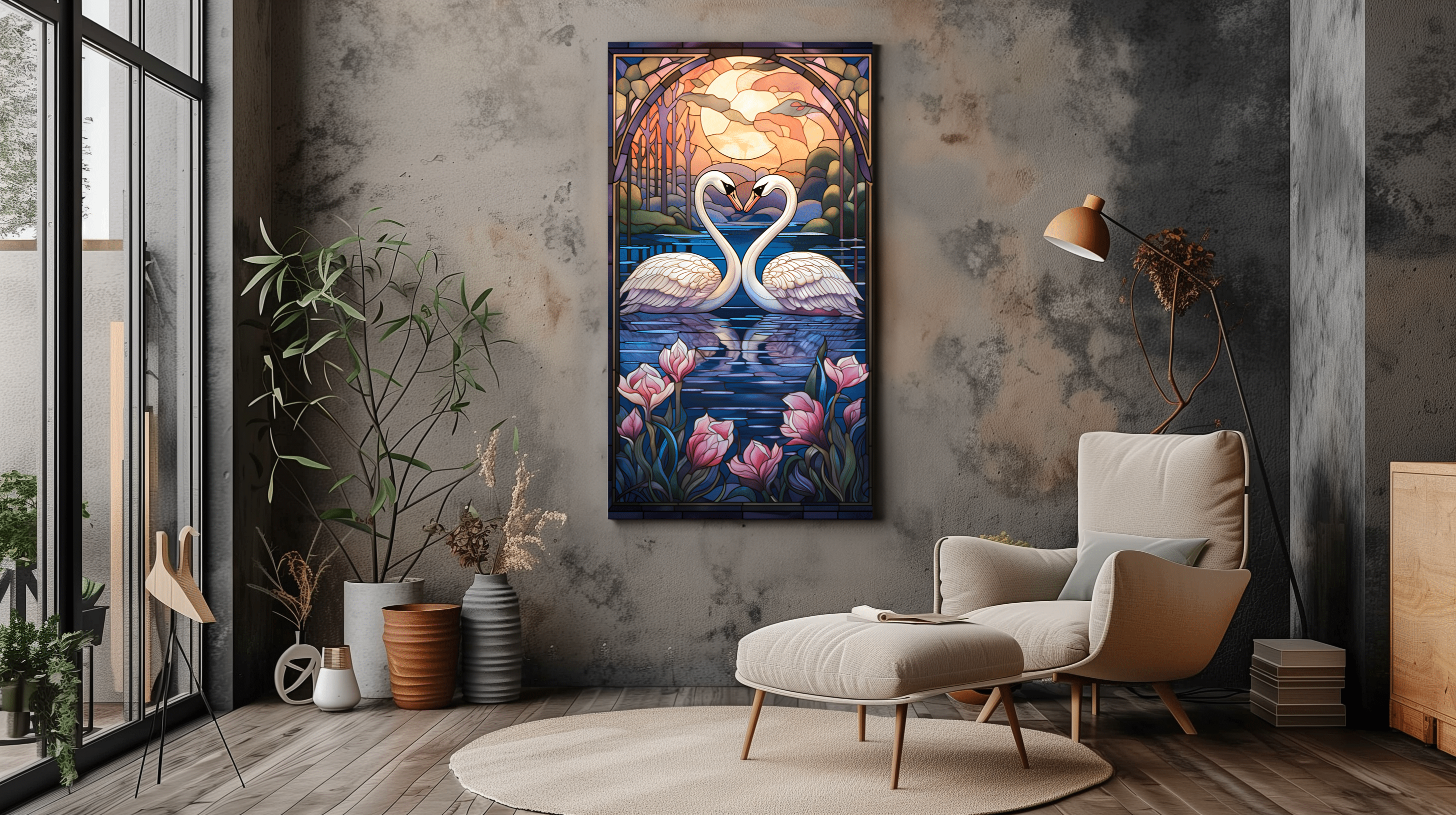 Swan Wall Art - Stained Glass - Romantic Art Deco - Dalexi