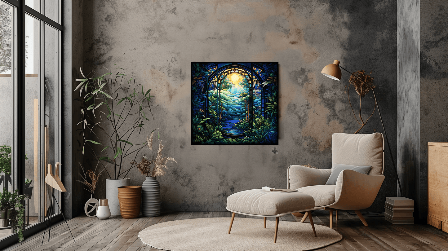 Tropical Forest Canvas in Stained Glass Style - Vibrant Wall Art - Dalexi