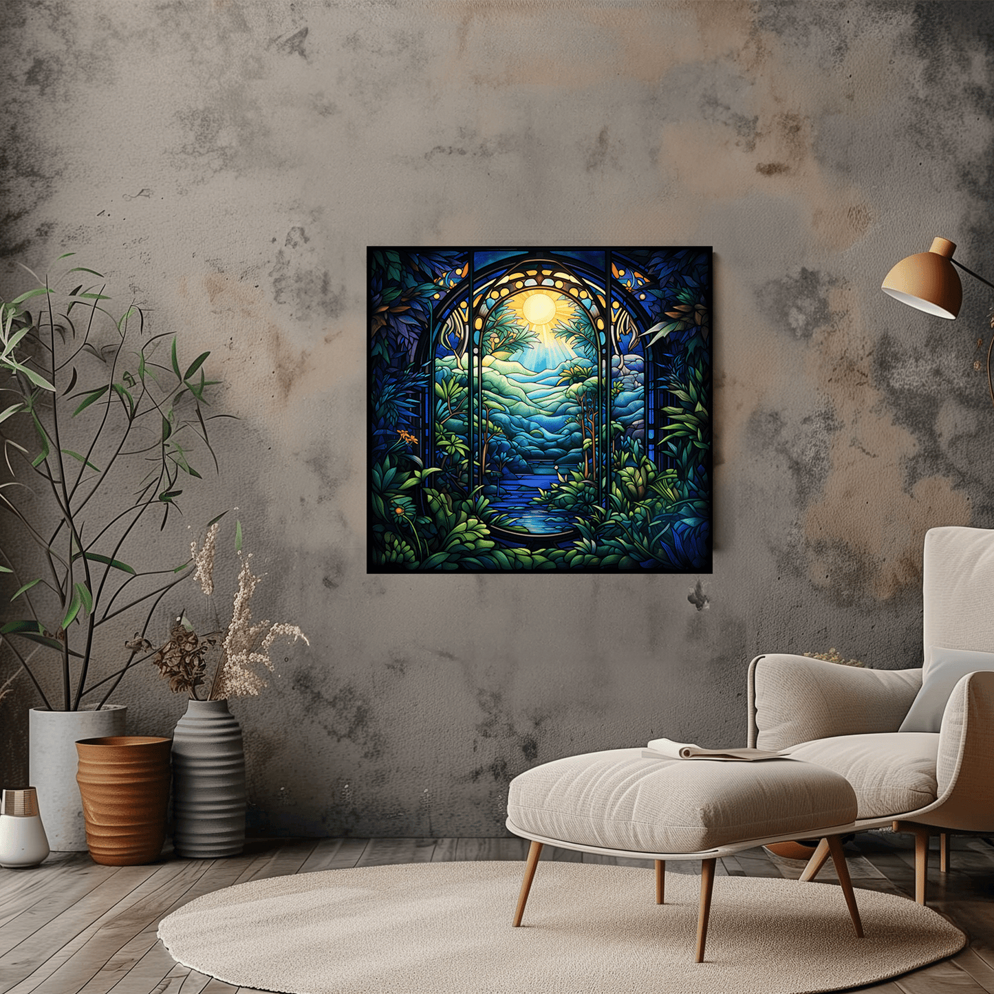 Tropical Forest Canvas in Stained Glass Style - Vibrant Wall Art - Dalexi