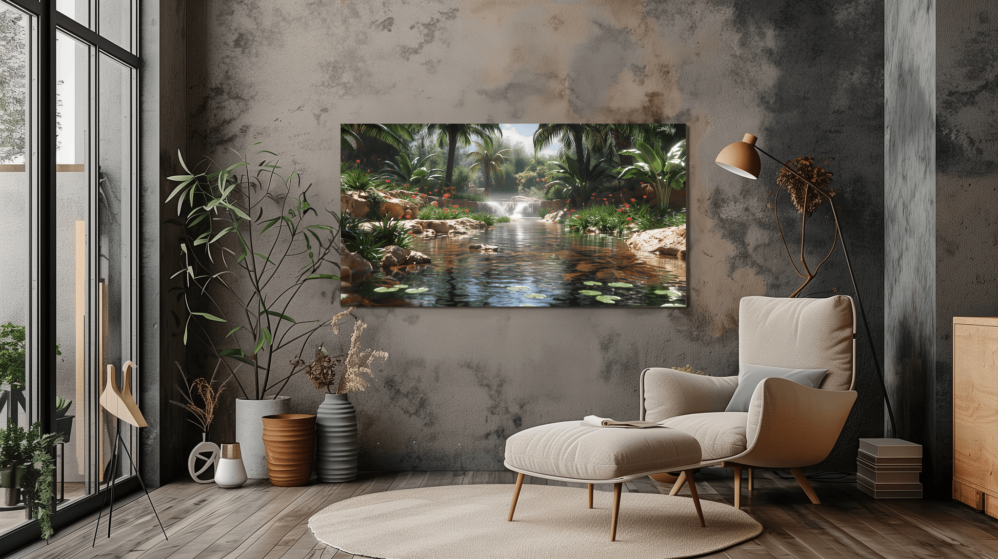 Tropical Oasis Canvas Art - Serene Palm Tree and Waterfall Decor - Dalexi