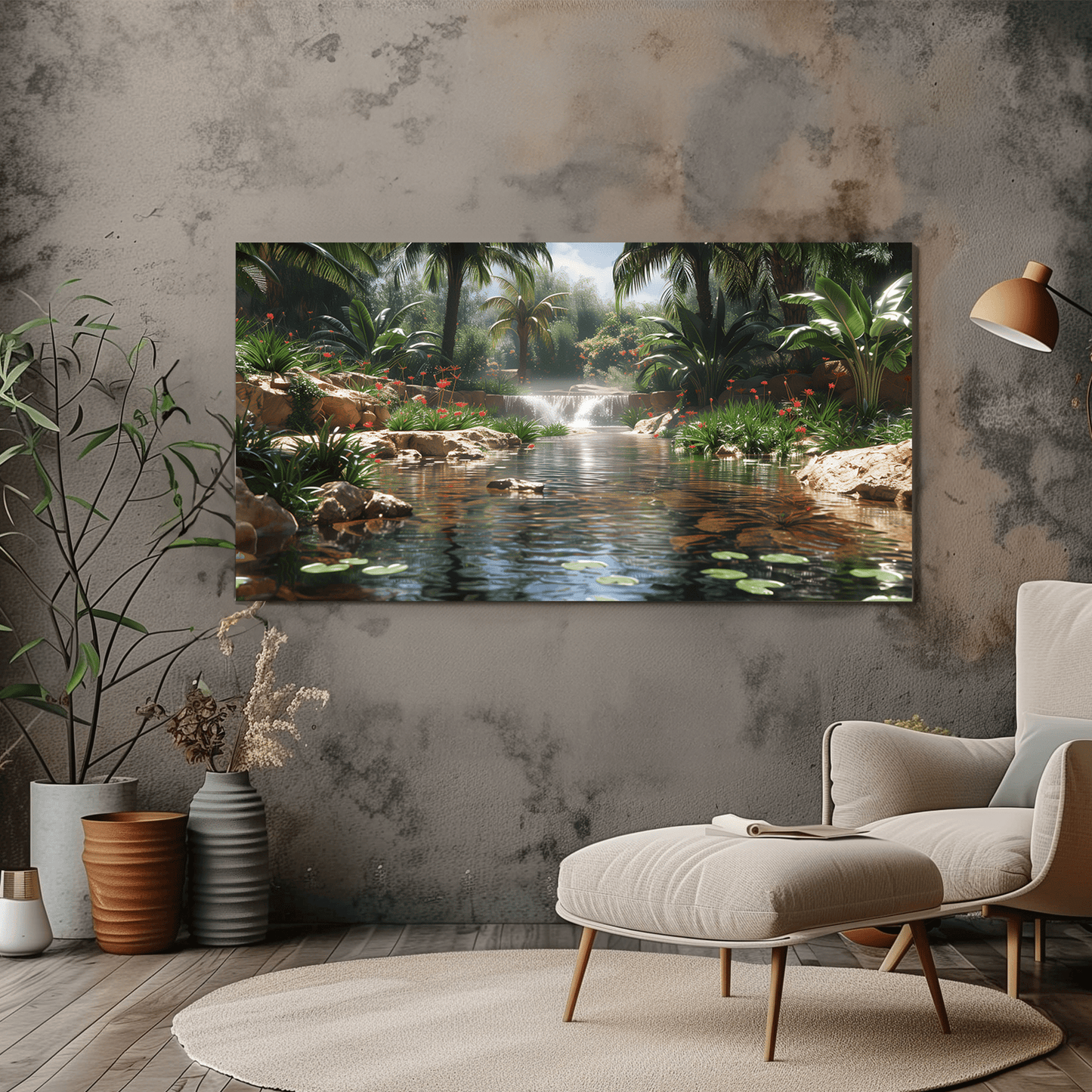 Tropical Oasis Canvas Art - Serene Palm Tree and Waterfall Decor - Dalexi