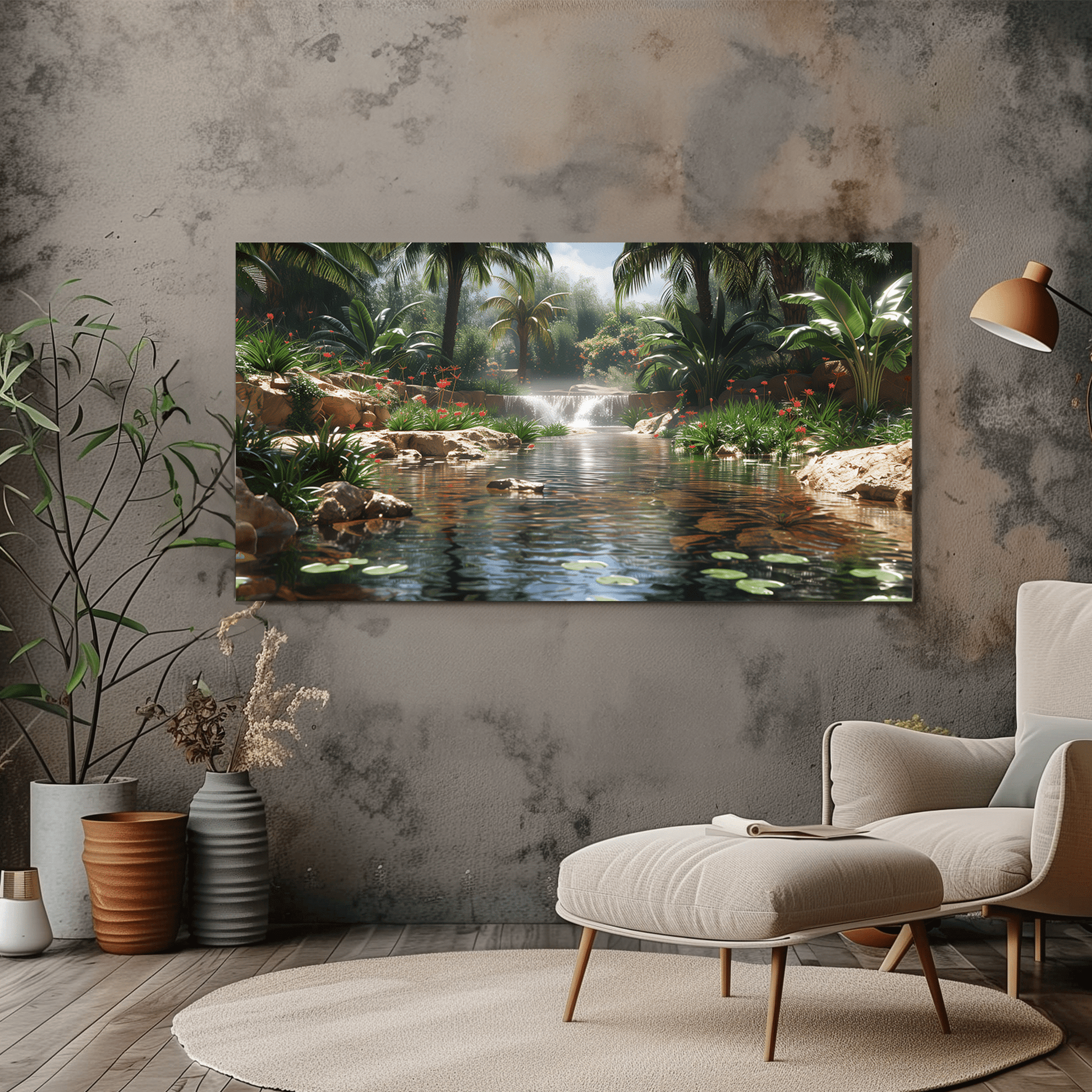 Tropical Oasis Canvas Art - Serene Palm Tree and Waterfall Decor - Dalexi