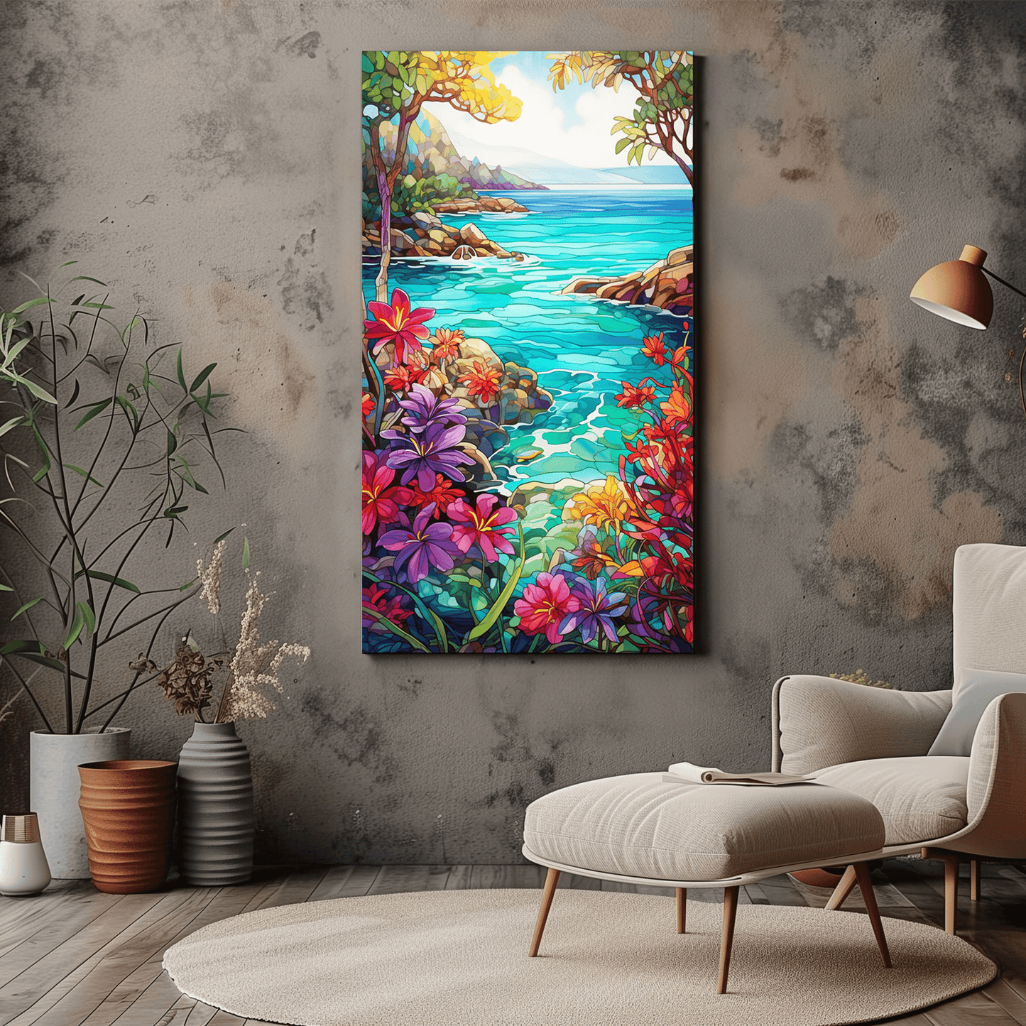 Tropical Paradise Stained Glass - Coastal Floral Art - Dalexi