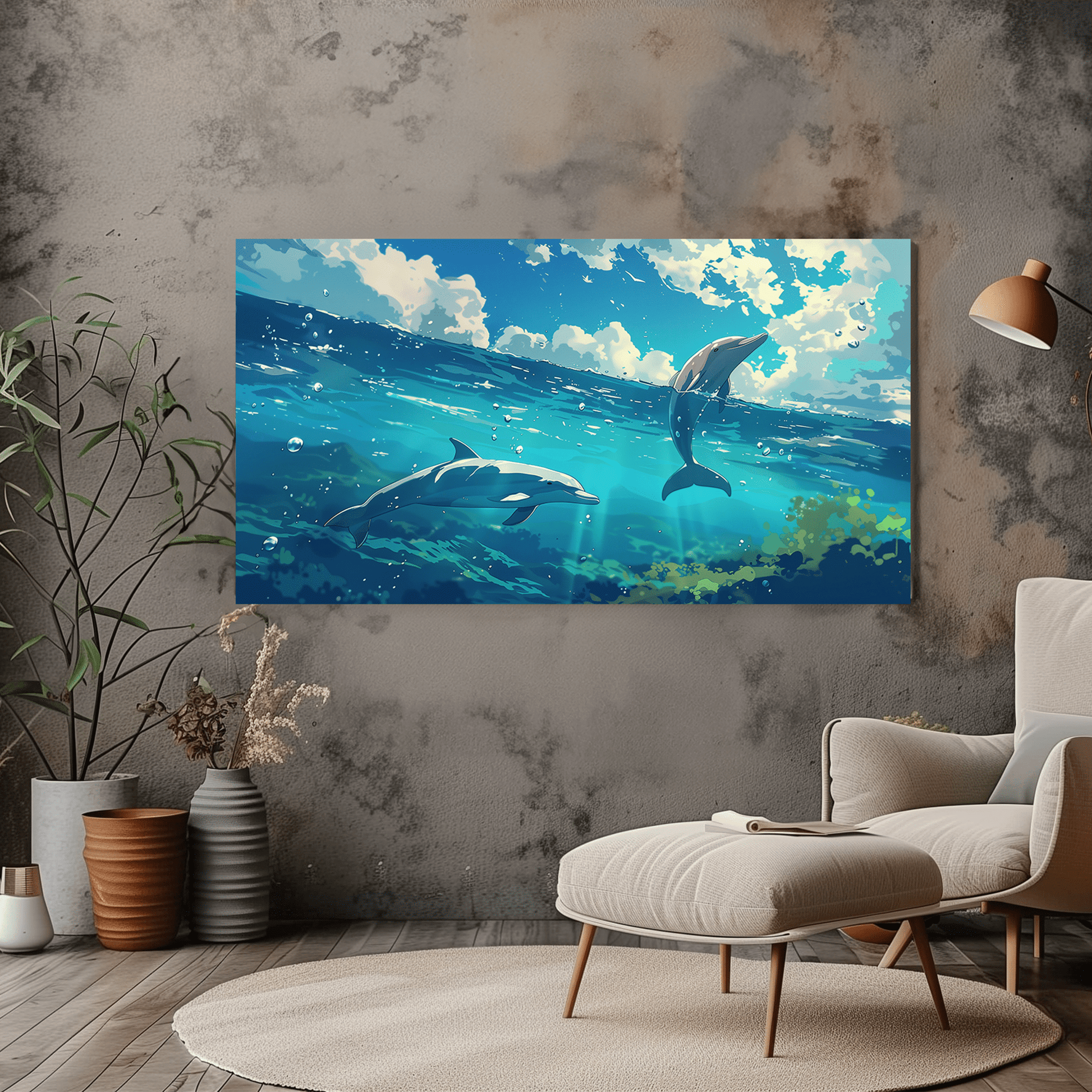 Vibrant Dolphin Ocean Canvas Wall Art - Marine Life Underwater Decor - Dalexi