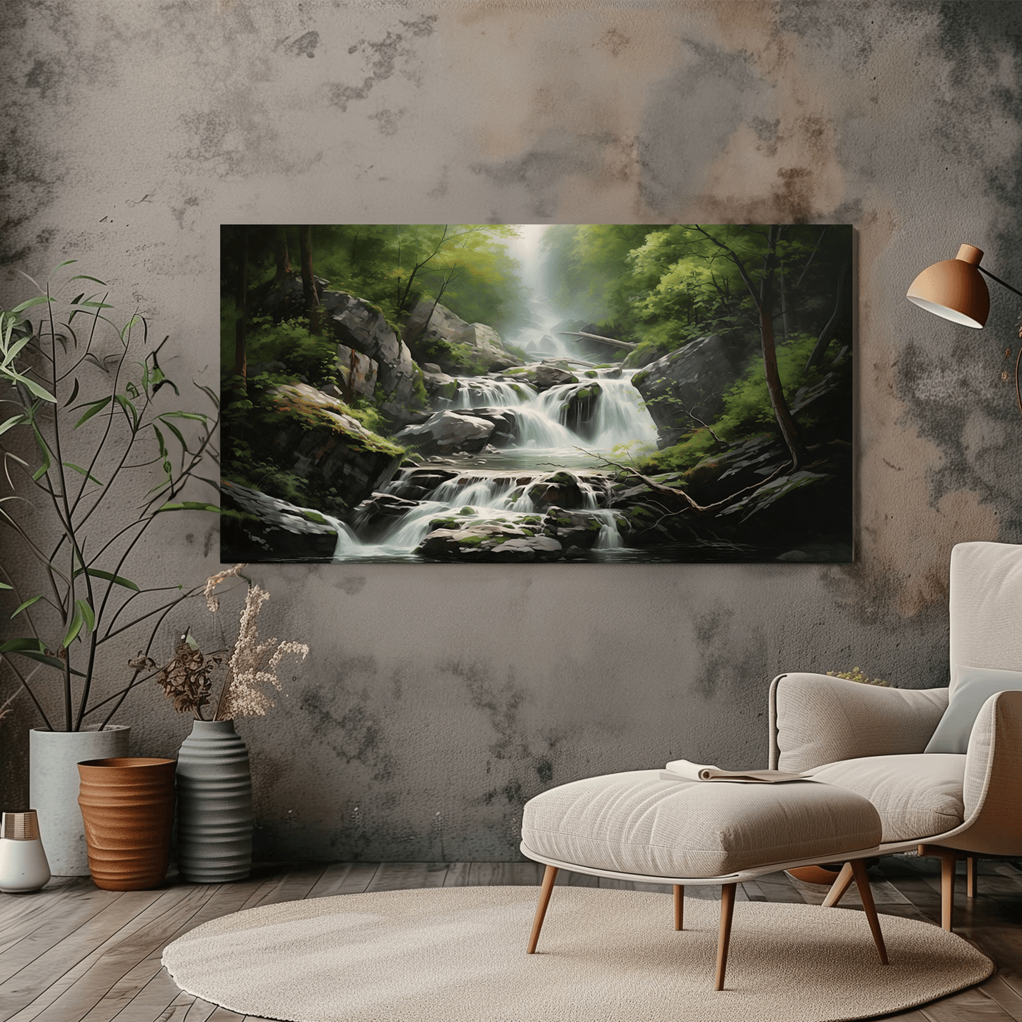 Waterfall in Forest Canvas Art - Peaceful Nature Landscape Wall Art - Dalexi