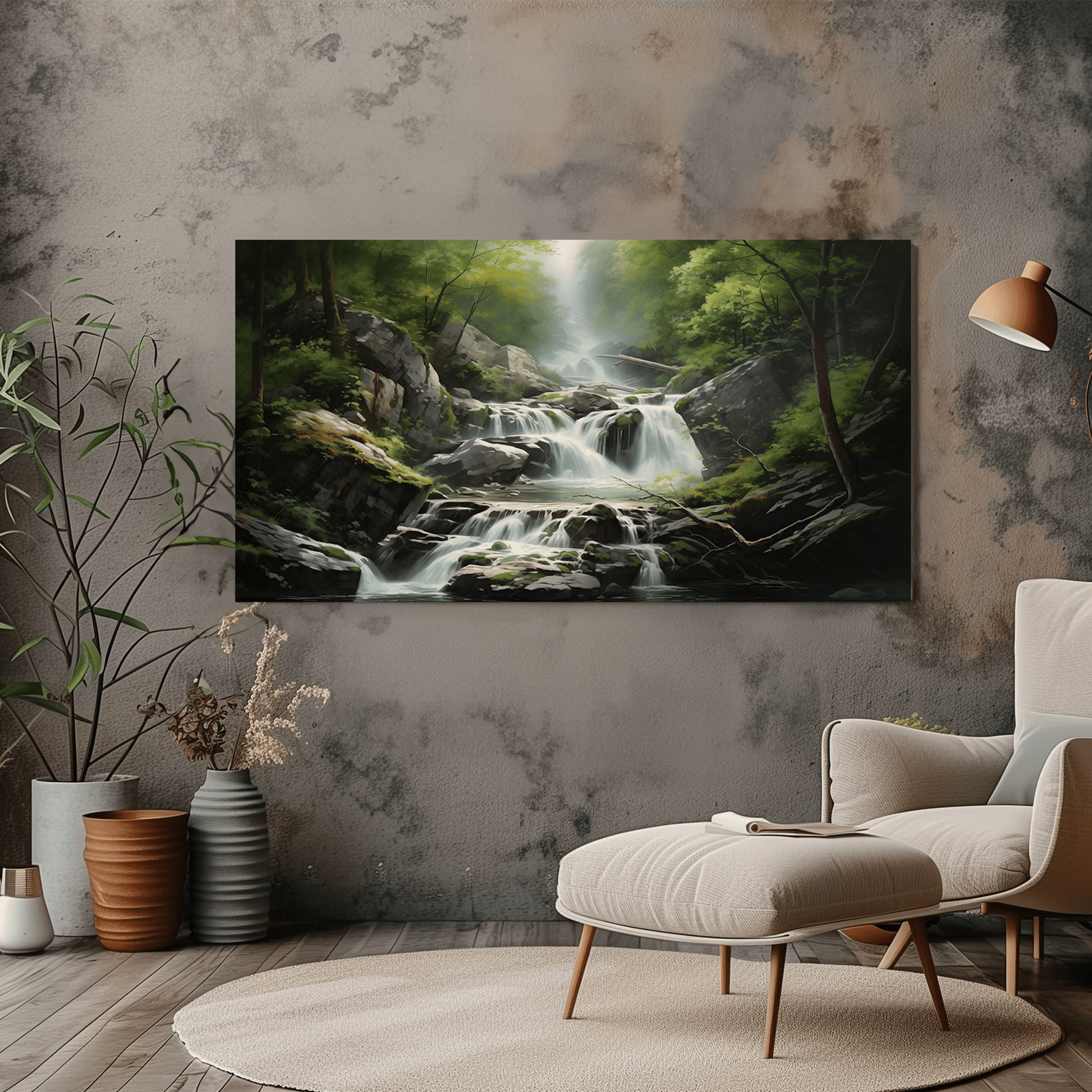 Waterfall in Forest Canvas Art - Peaceful Nature Landscape Wall Art - Dalexi