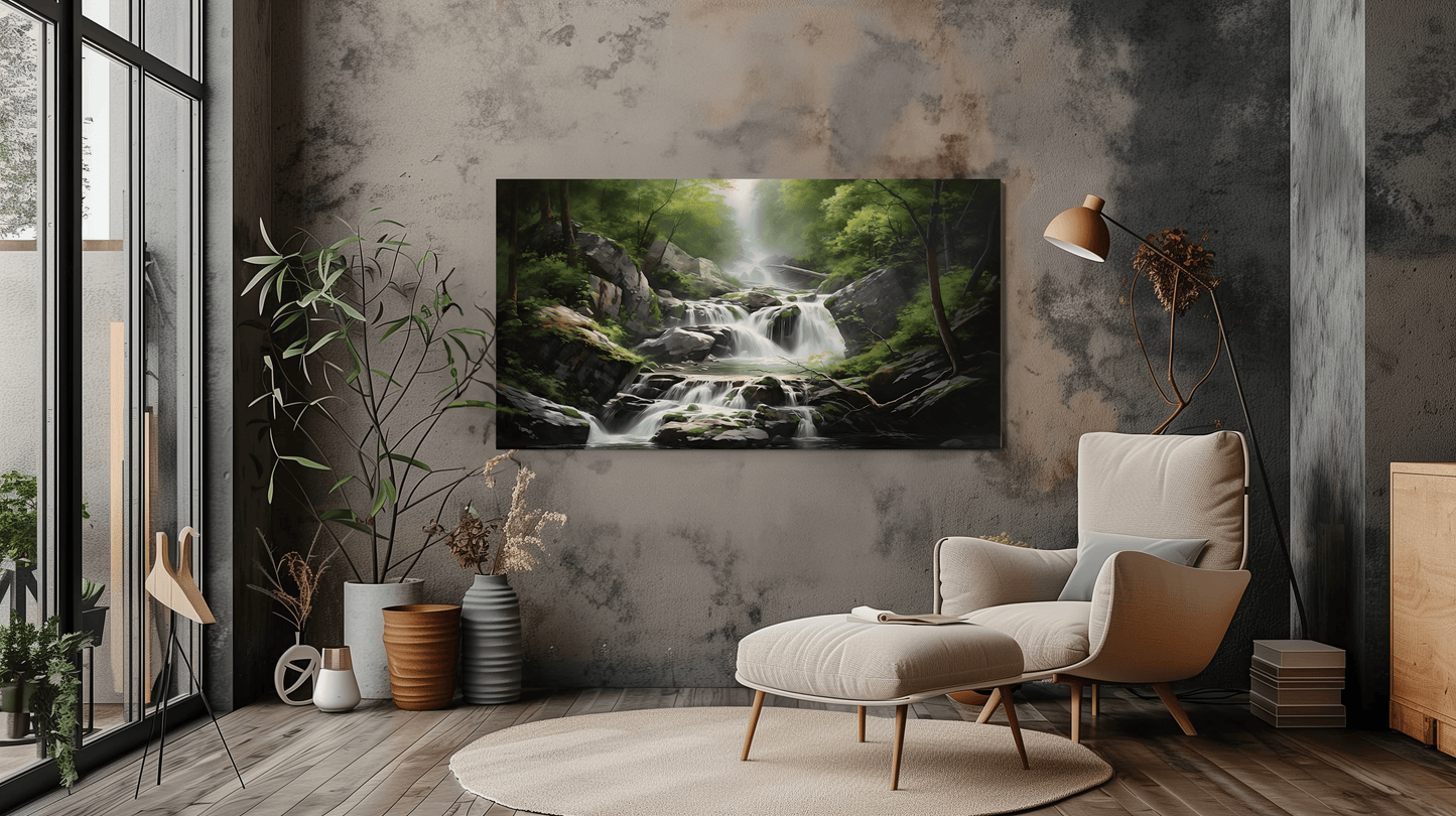 Waterfall in Forest Canvas Art - Peaceful Nature Landscape Wall Art - Dalexi