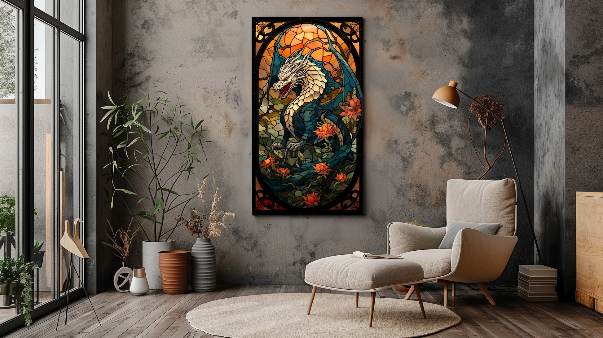 Dragon Stained Glass Art Print - Vibrant Fantasy Canvas