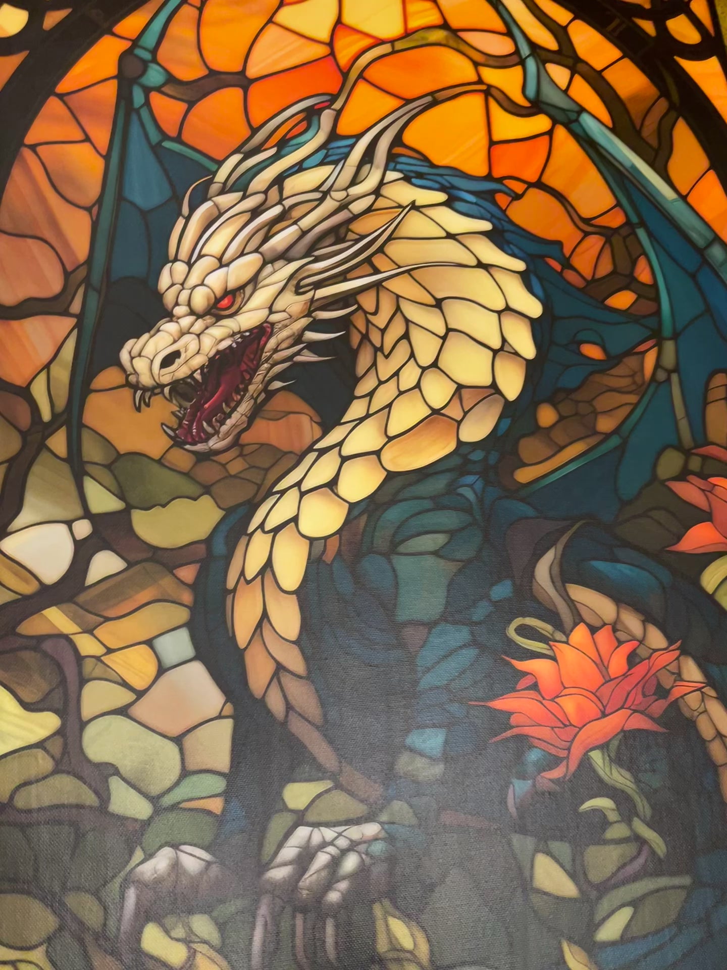 Dragon Stained Glass Art Print - Vibrant Fantasy Canvas - Dalexi